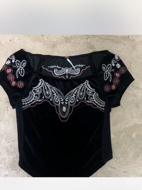 Free People Black Velvet Embroidered Short Sleeve Top